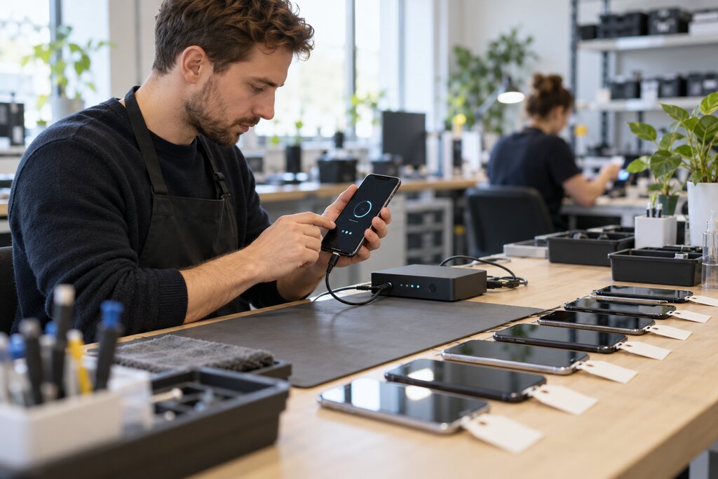 Meistras diagnostikos įrenginiu testuoja naudotą telefoną, šalia – atnaujinti telefonai